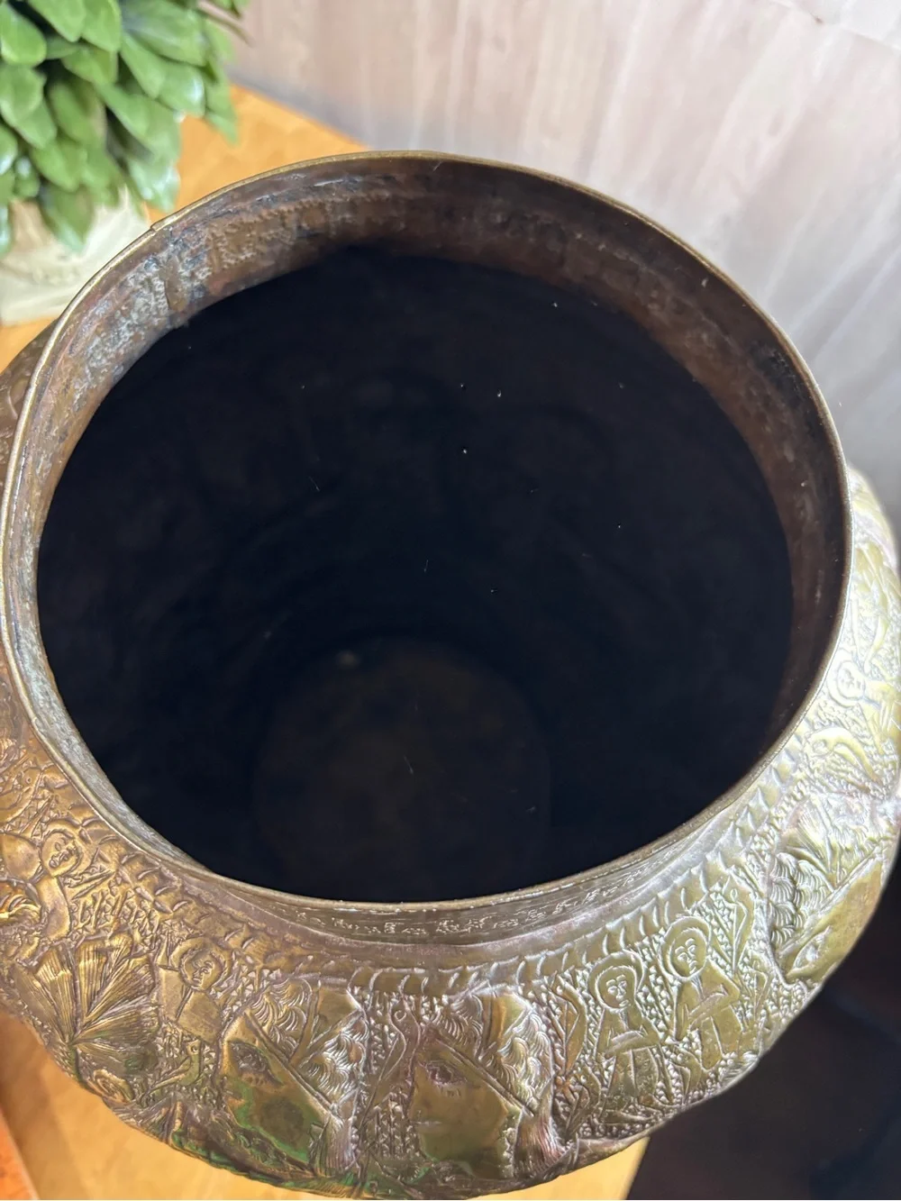 Vintage Hand-Etched Brass Vase with Elephant & Figural Motifs Boho Global Decor